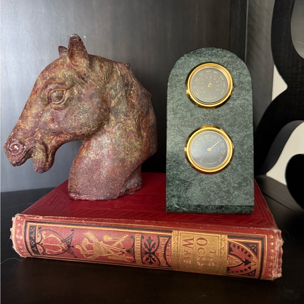 Green Marble Desk Thermometer and a Hygrometer mounted on a green marble base.